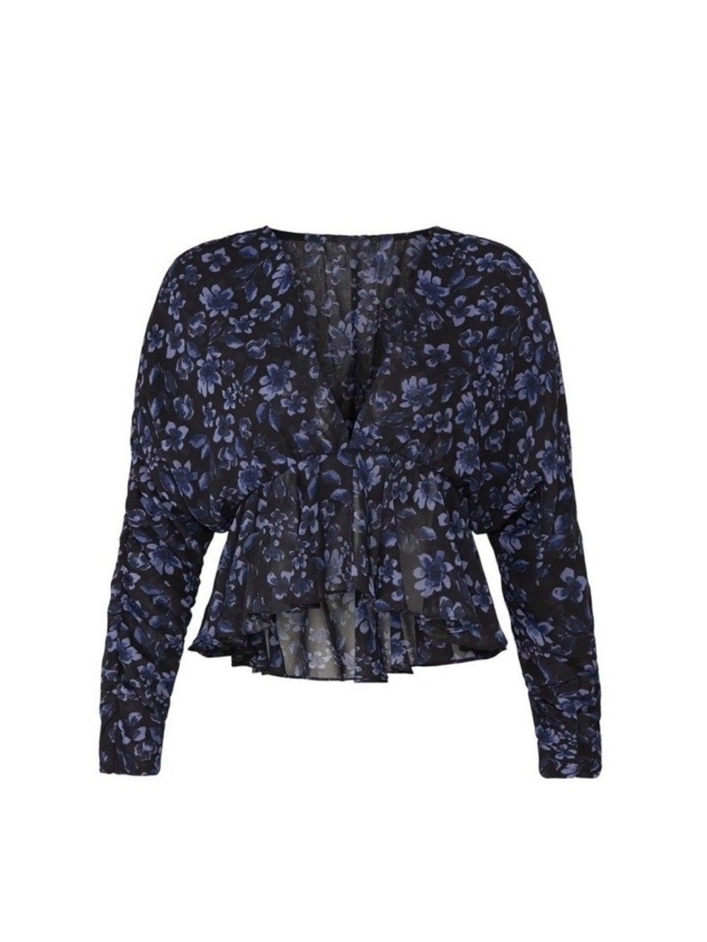 Misa Los Angeles Black and Blue Floral Ruffle Peplum Blouse